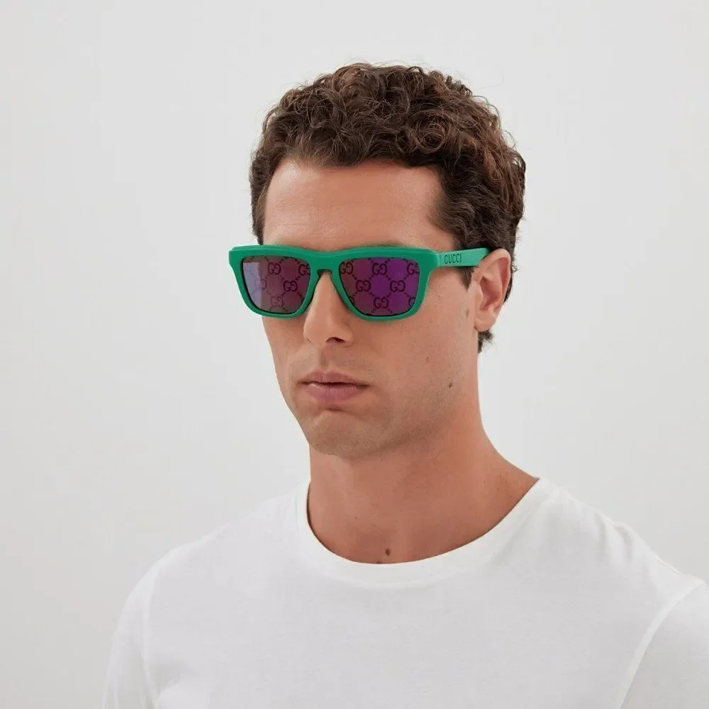 NEW Gucci GG1571S 004 Green Blue Mirrored Logo Unisex Square Sunglasses